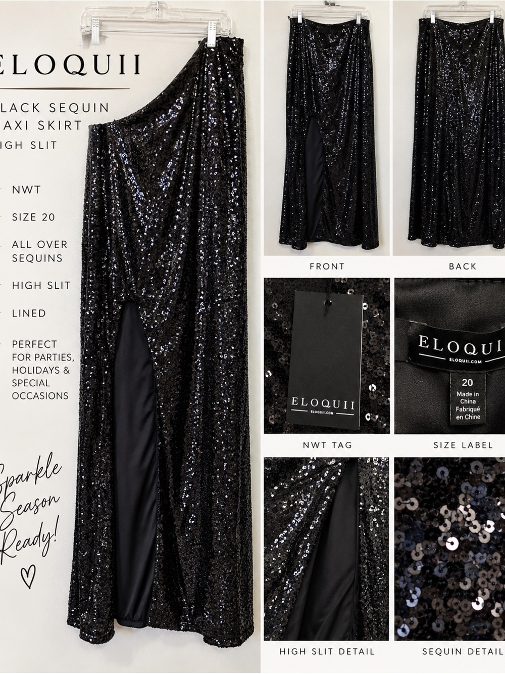 NWT Eloquii Black Sequin High Slit Maxi Skirt Size 20 Party Holiday
